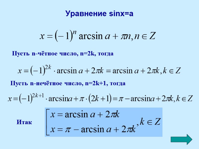 Уравнение sinx=a Пусть n-чётное число, n=2k, тогда Пусть n-нечётное число, n=2k+1, тогда Итак